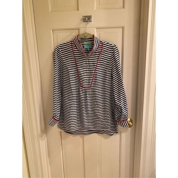 Sail to Sable 100% silk striped top gold buttons - Picture 1 of 5